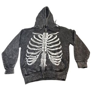Hot Topic Skeleton Rib Cage Acid Wash Zip Up Hoodie Black Mens Small Gothic S